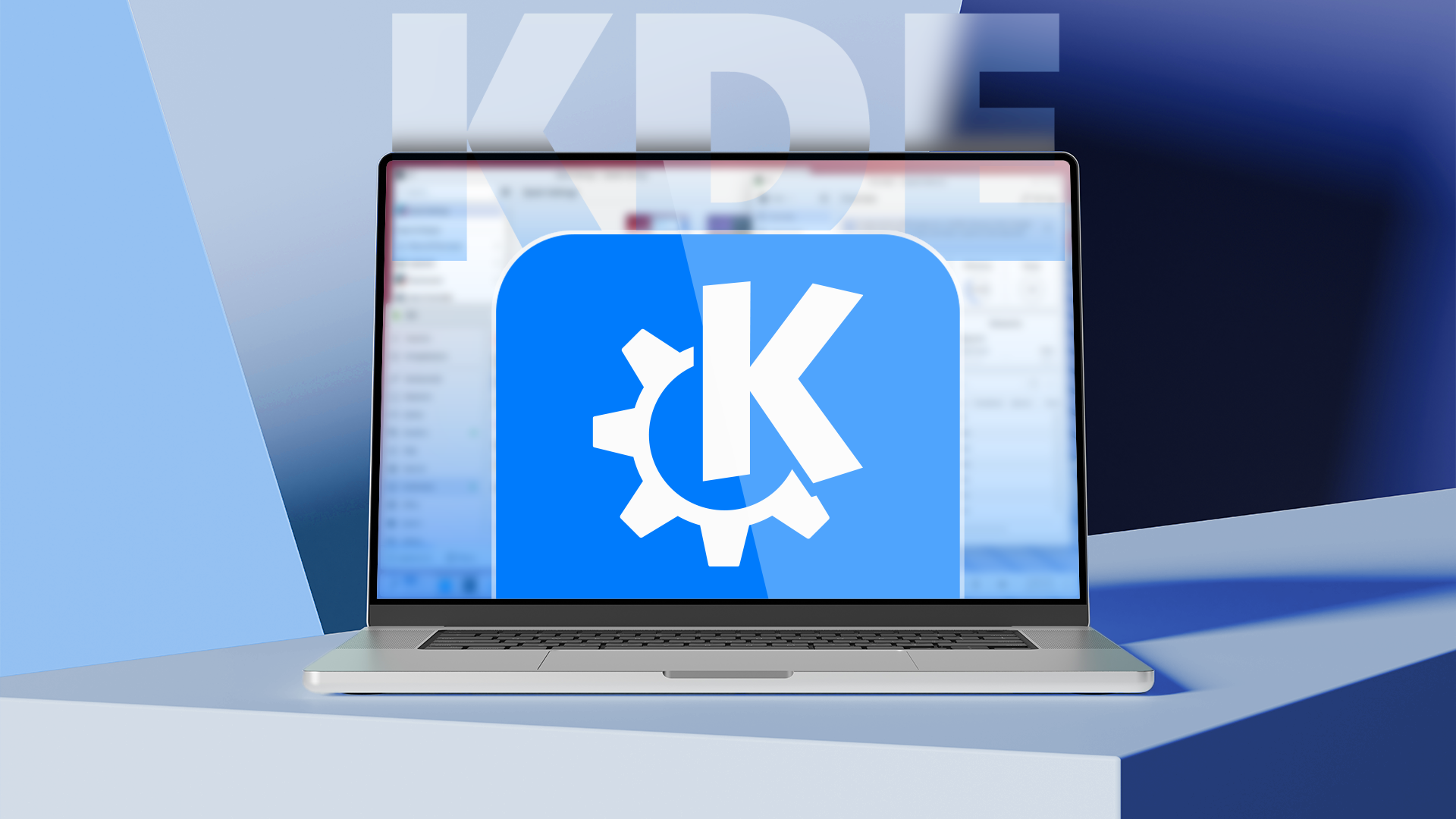 Laptop showing the KDE logo on screen, with a blue and purple background and 'KDE' in large letters behind it_